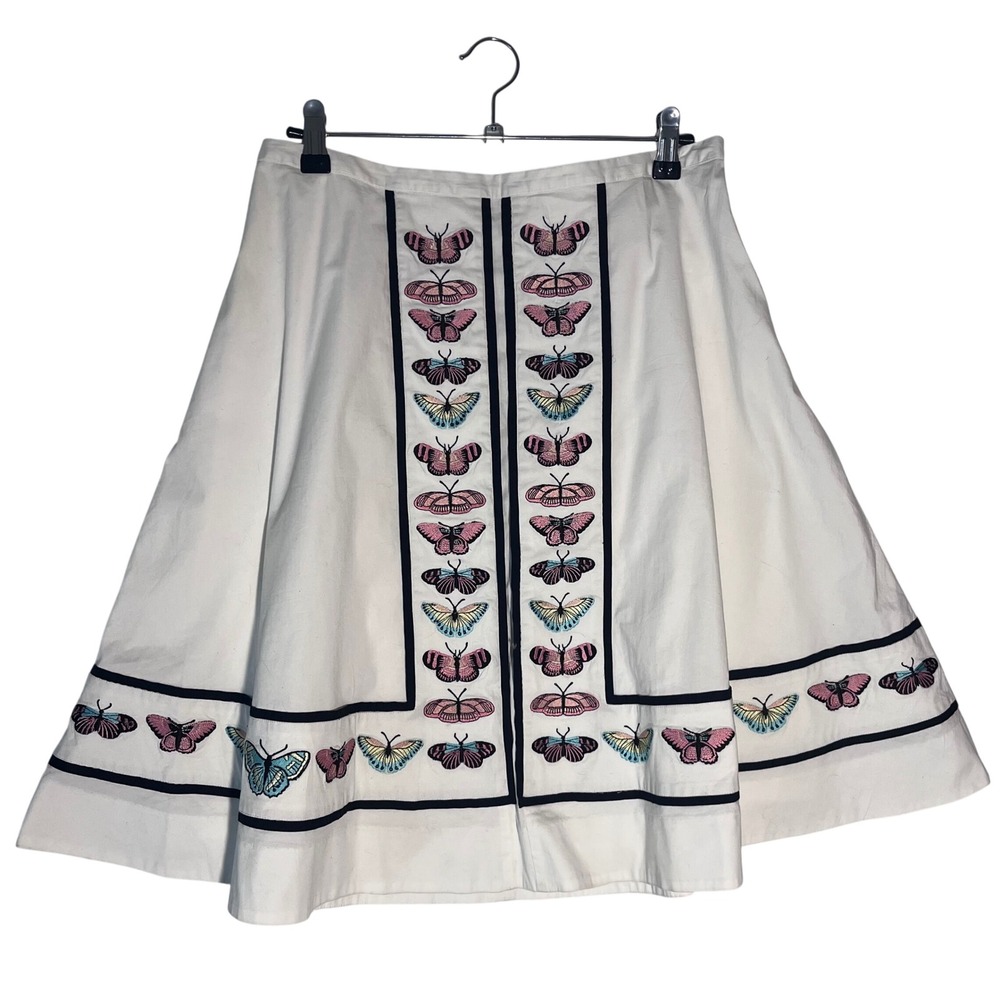 Vintage Odille Anthropologie Butterfly Embroidered White A-Line Skirt Size 10